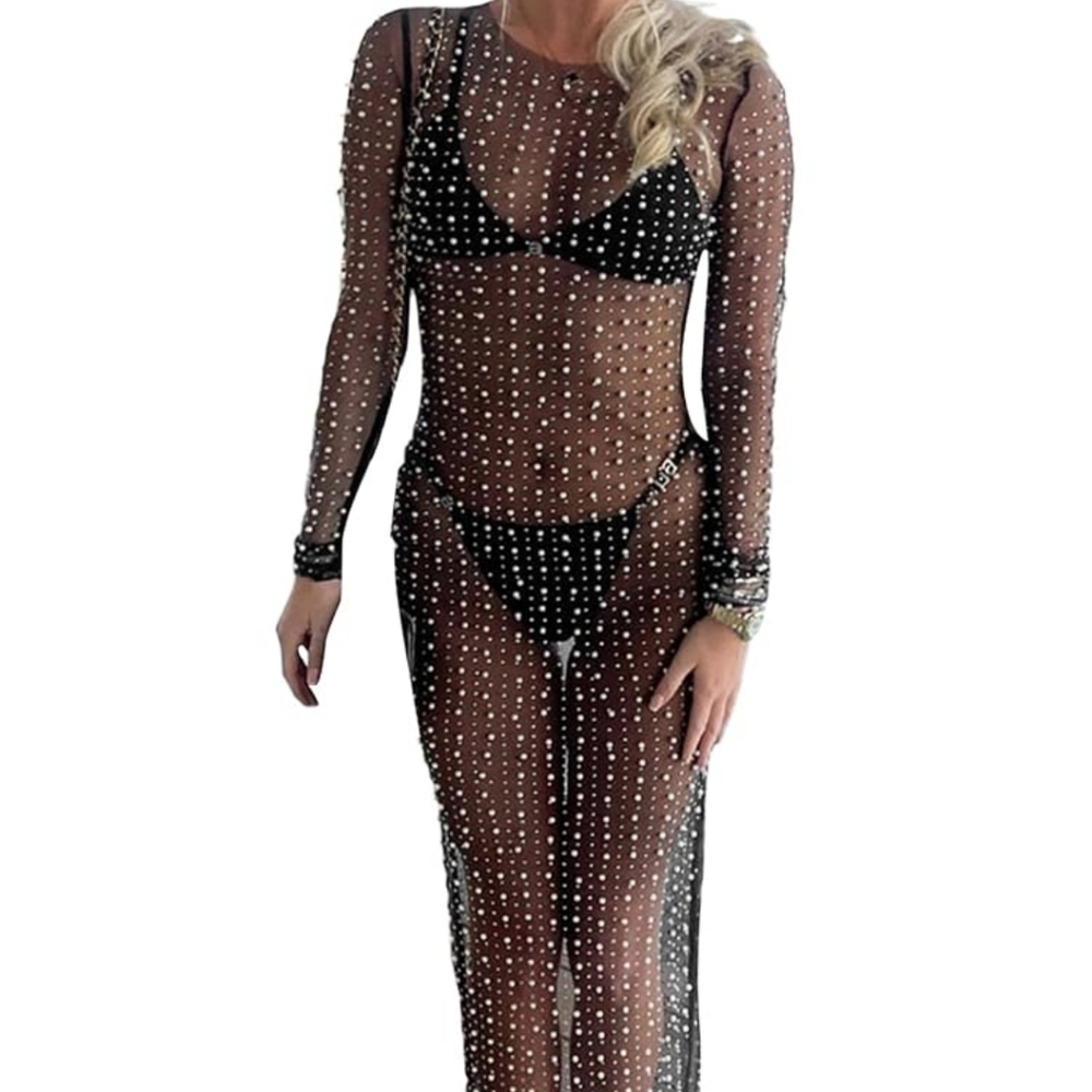Elegant Black Sheer Long Sleeve Dress